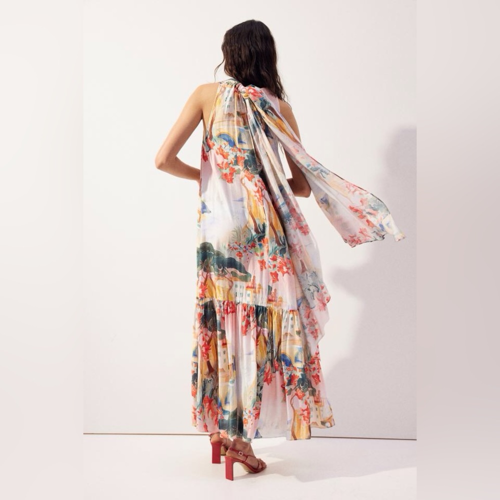 NWT H&M Viscose Voluminous Maxi Dress w/ Tie Back Light Pink/Pattern XS M L XL